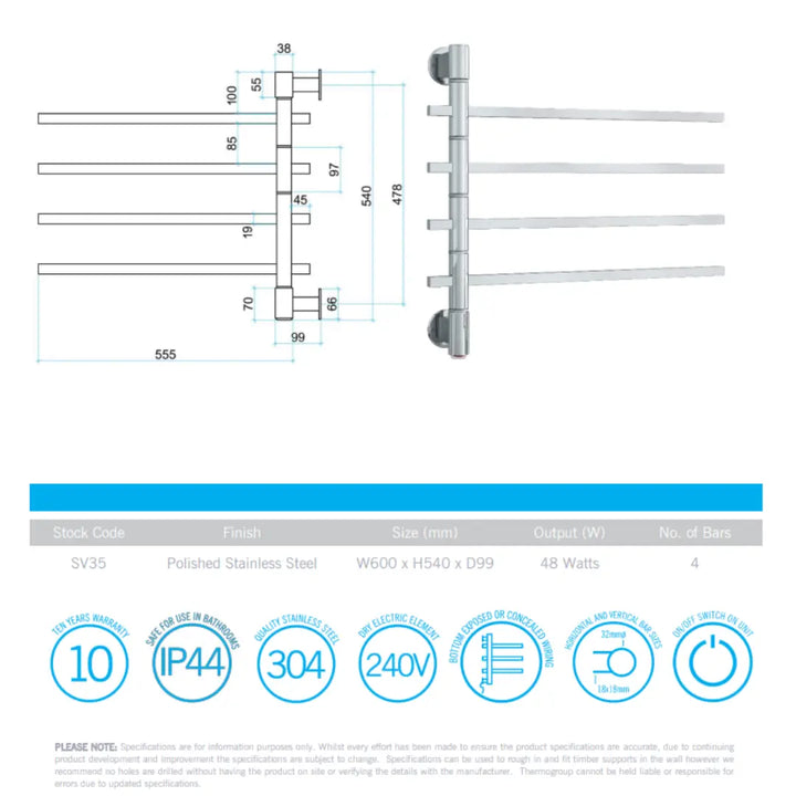 Straight Square Swivel Heated/Non Heated Towel Rail Thermogroup