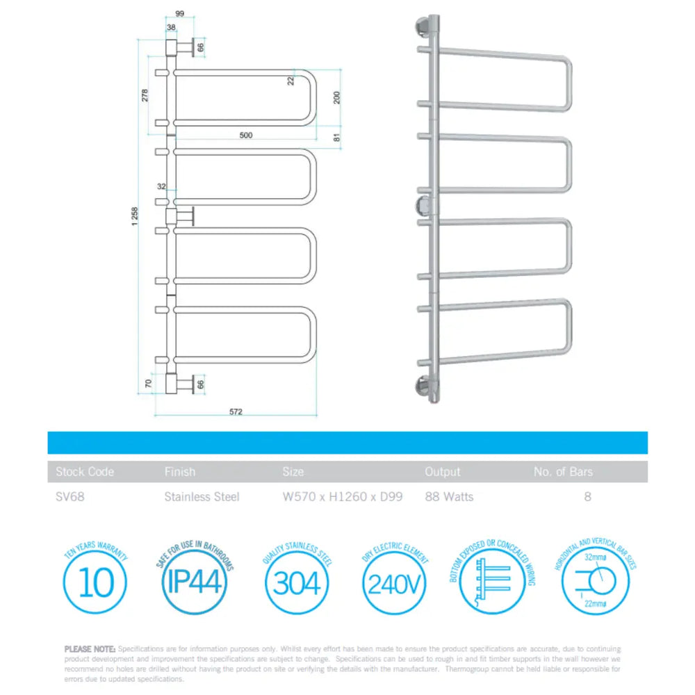 SV68 Straight Round Swivel Heated Towel Rail Thermogroup