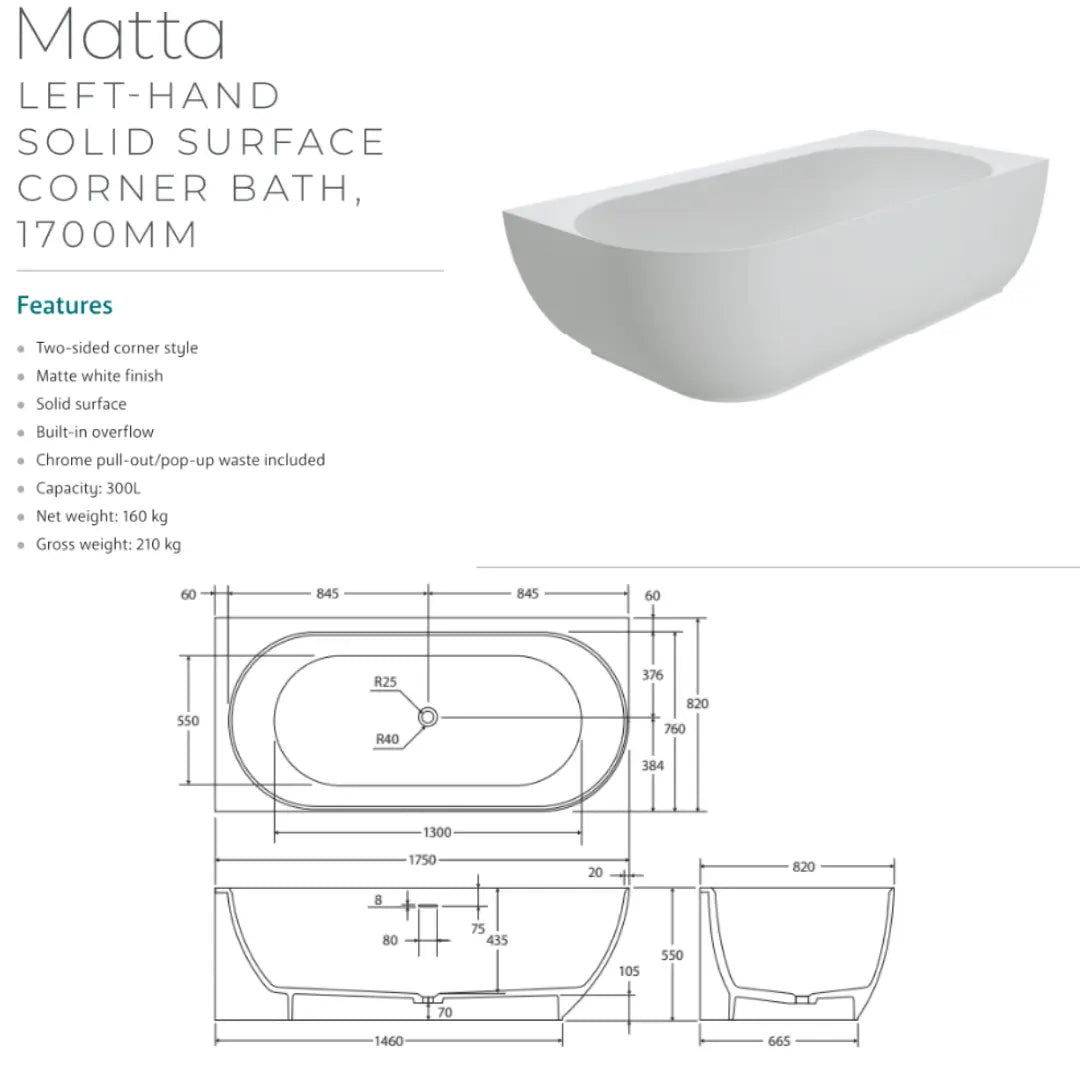 Matta Solid Surface Corner Bath Matte White, 1700mm with overflow Fienza