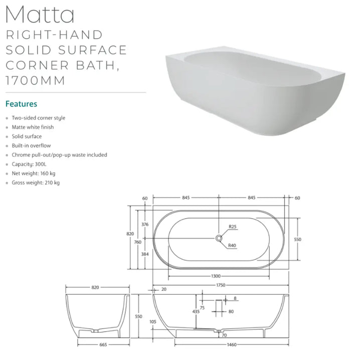 Matta Solid Surface Corner Bath Matte White, 1700mm with overflow Fienza