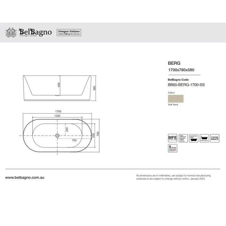 BERG Soft Sand finish Freestanding Bath 1500 or 1700mm - solid surface &amp; acrylic Belbagno