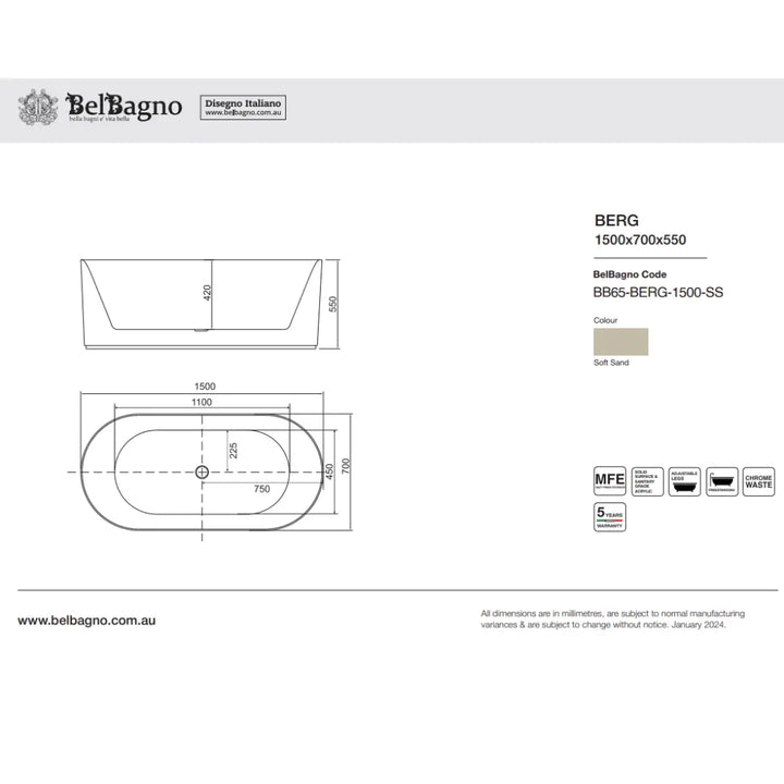 BERG Soft Sand finish Freestanding Bath 1500 or 1700mm - solid surface &amp; acrylic Belbagno
