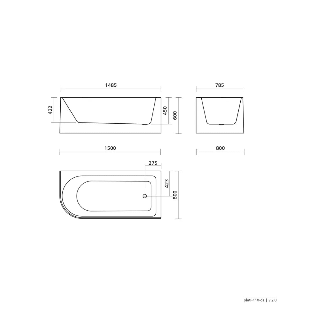 Plati 110 Acrylic Freestanding Corner bath - 1500mm with or without overflow Seima