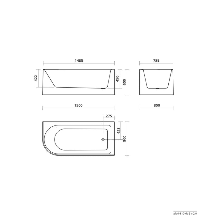 Plati 110 Acrylic Freestanding Corner bath - 1500mm with or without overflow Seima
