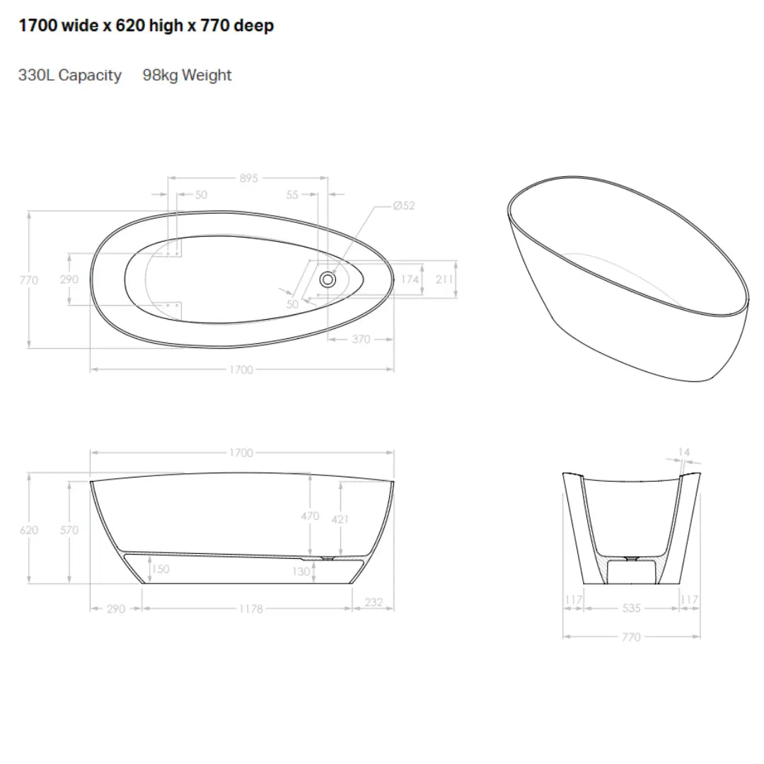 Tranquil Freestanding cast marble Bath 1560 or 1700mm - matte or gloss white ADP