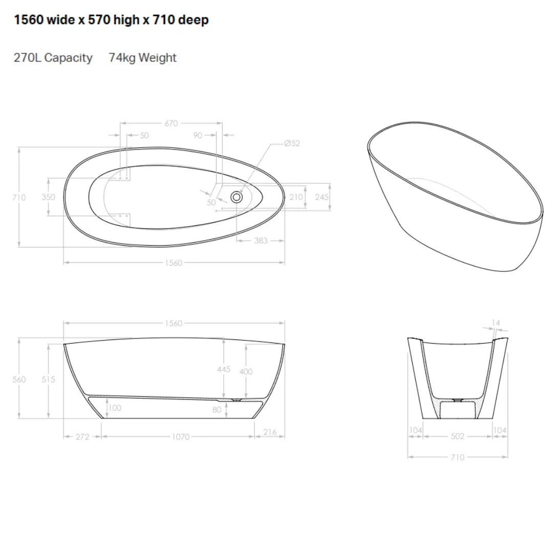 Tranquil Freestanding cast marble Bath 1560 or 1700mm - matte or gloss white ADP