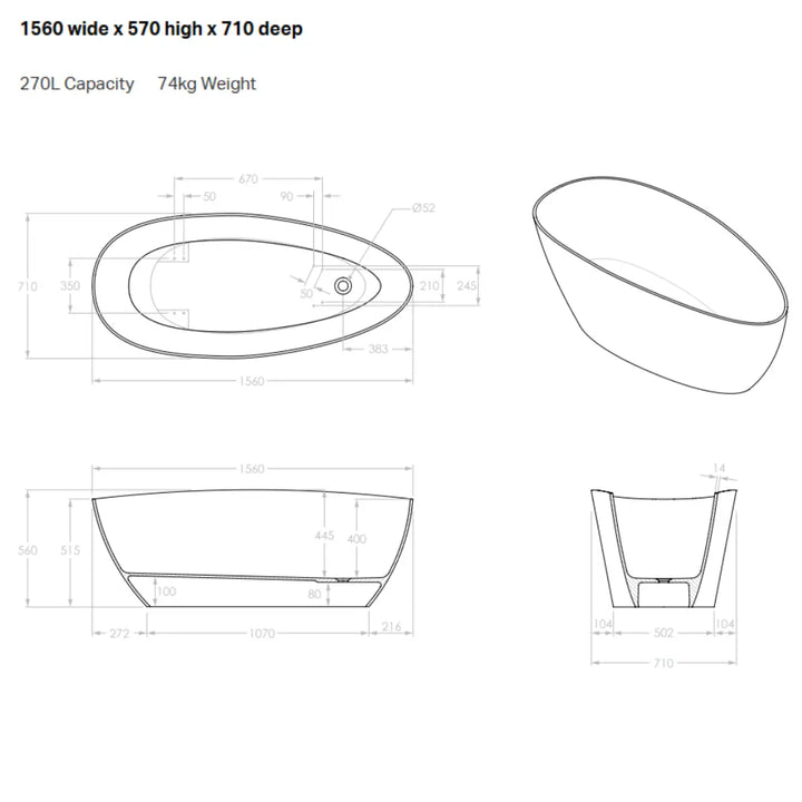 Tranquil Freestanding cast marble Bath 1560 or 1700mm - matte or gloss white ADP