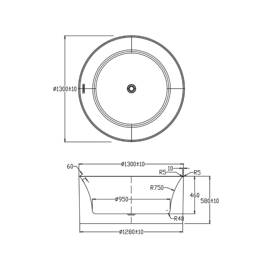 Arko 130 Freestanding Bath with integrated overflow 1300mm Round Acrylic seima
