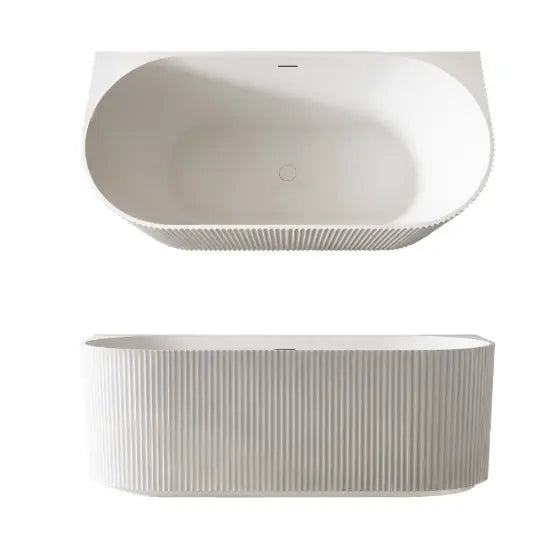 Cleo 115 Fluted Back to Wall Freestanding acrylic Bath with integrated overflow- Matte White (on display) seima