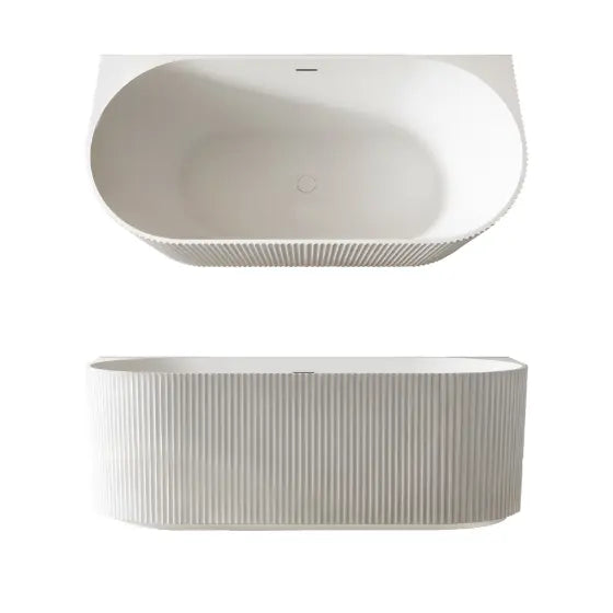 Cleo 115 Fluted Back to Wall Freestanding acrylic Bath with integrated overflow- Gloss White seima