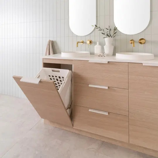 Glacier Hamper Vanity Trio with stone top ADP