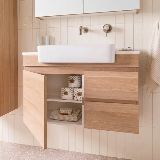 Glacier Semi-Recessed, Door &amp; Drawer Twin Vanity with stone top ADP