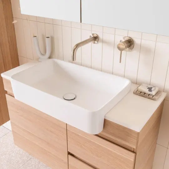 Glacier Semi-Recessed, Door &amp; Drawer Twin Vanity with stone top ADP