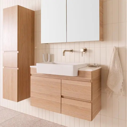 Glacier Semi-Recessed, Door &amp; Drawer Twin Vanity with stone top ADP