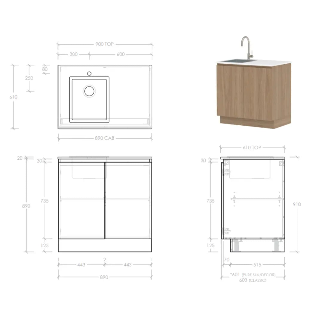 All-In-One Sink Cabinet 900mm with Clovelly Small Rectangular Sink ADP