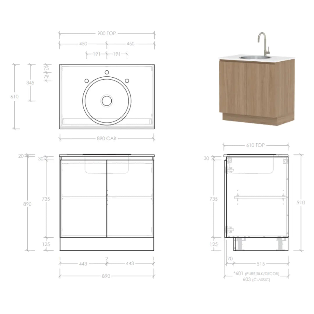 All-In-One Sink Cabinet 900mm with Clovelly Round Sink ADP