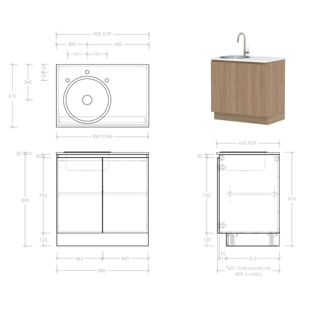 All-In-One Sink Cabinet 900mm with Clovelly Round Sink ADP