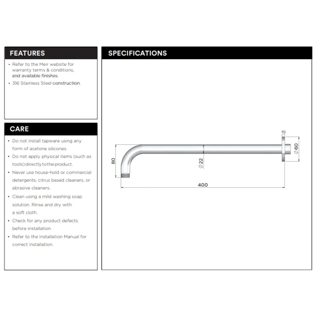 Outdoor Shower Arm 400mm - 316 Stainless Steel Meir
