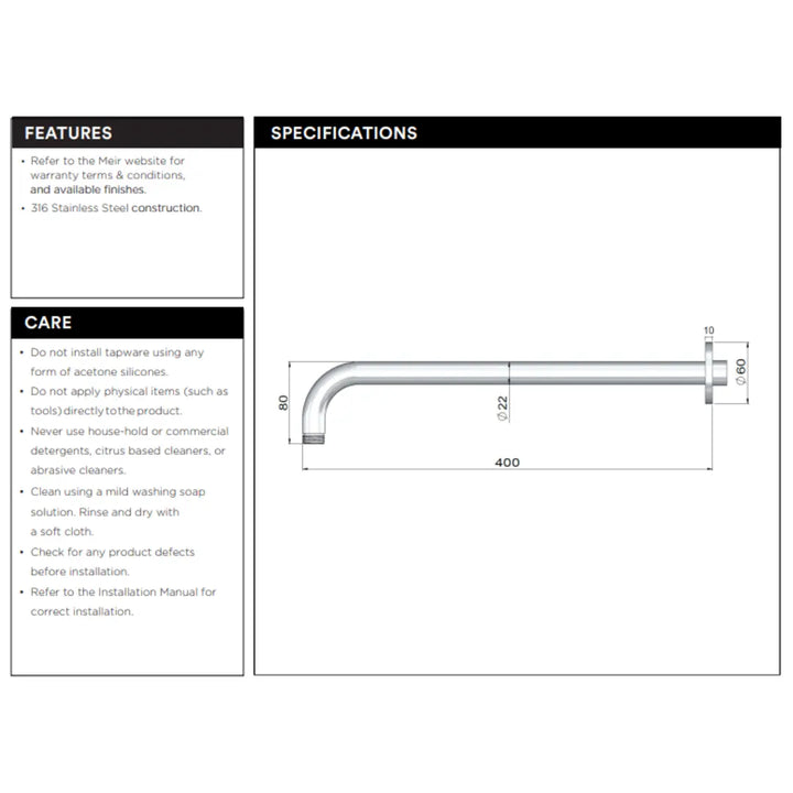 Outdoor Shower Arm 400mm - 316 Stainless Steel Meir