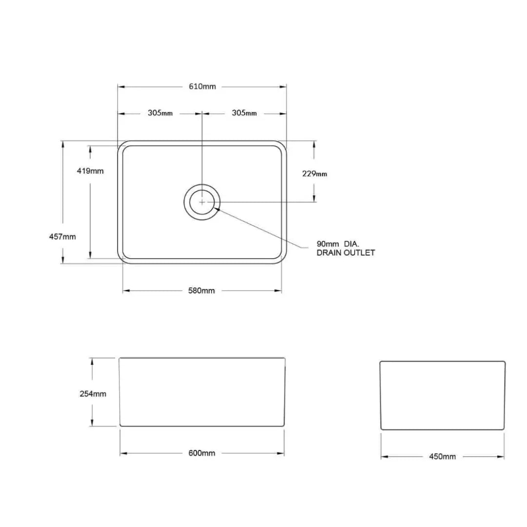 Novi 60 x 46 Fine Fireclay Concrete Look Butler Sink Overflow Optional Turner Hastings