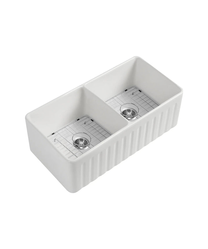 Cleo 835 Duo fluted/flat apron front ceramic sink - White Silk Matte or gloss white Seima