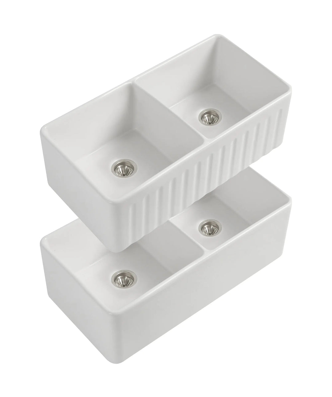 Cleo 835 Duo fluted/flat apron front ceramic sink - White Silk Matte or gloss white Seima