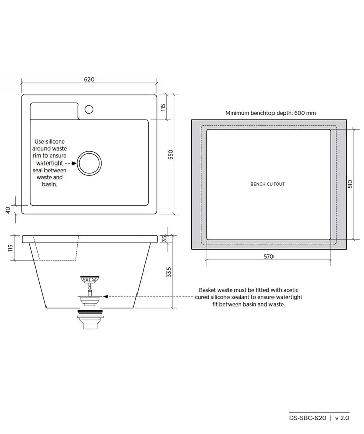 Eva 620 fireclay ceramic laundry sink 45 litre seima