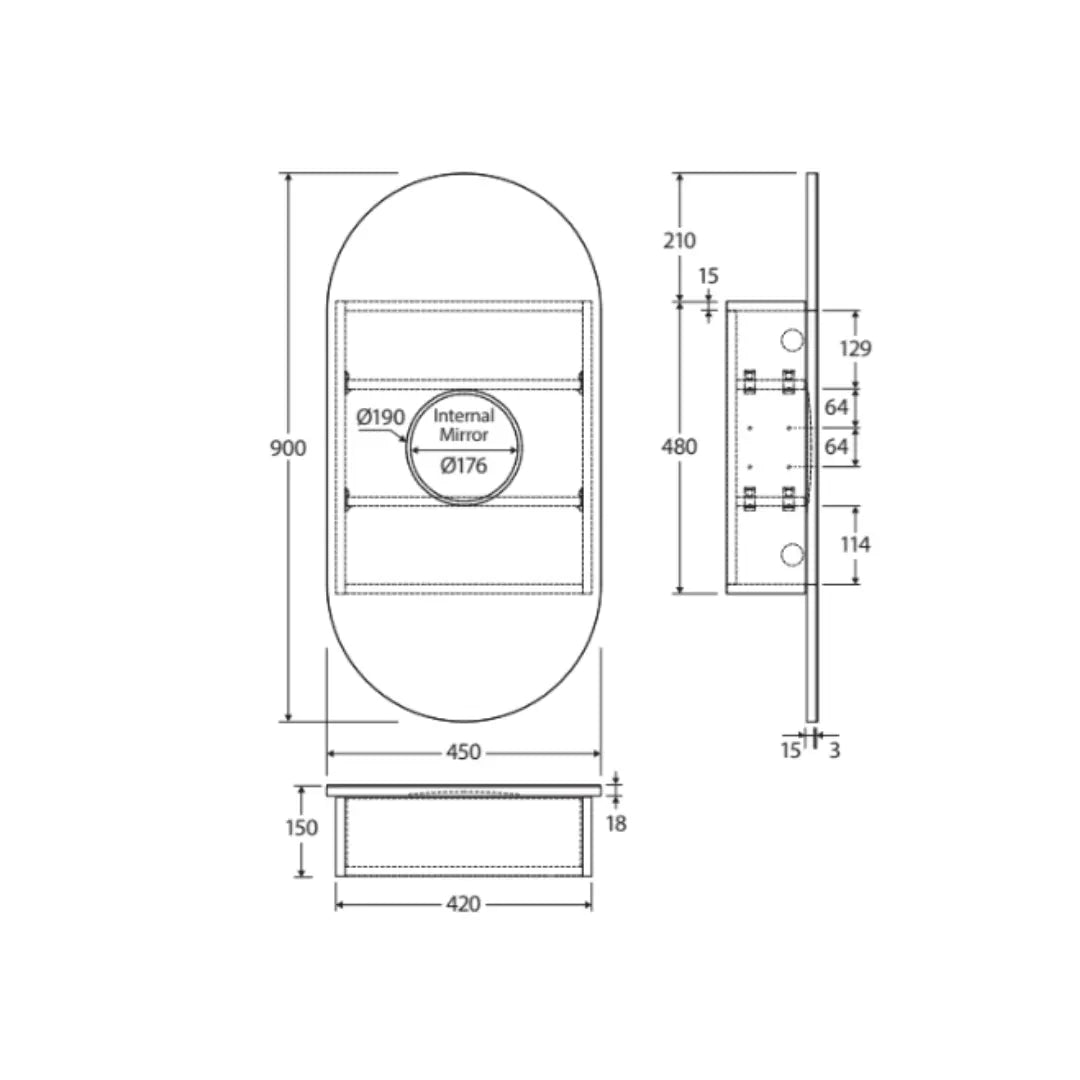 Pill Mirror Cabinet, 450 x 900mm Fienza