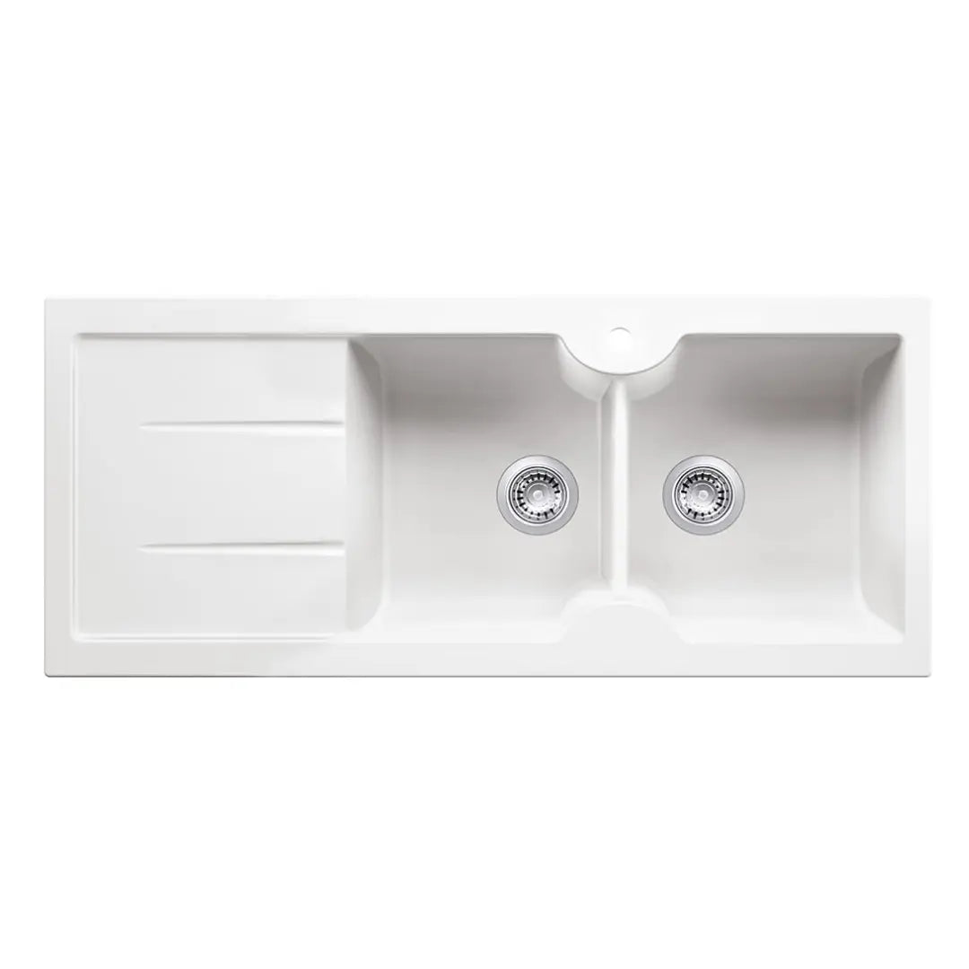 Cuisine 116 x 50 Inset / Undermount Fine Fireclay Gloss White Sink - Double Bowl and Single Drainer Turner Hastings