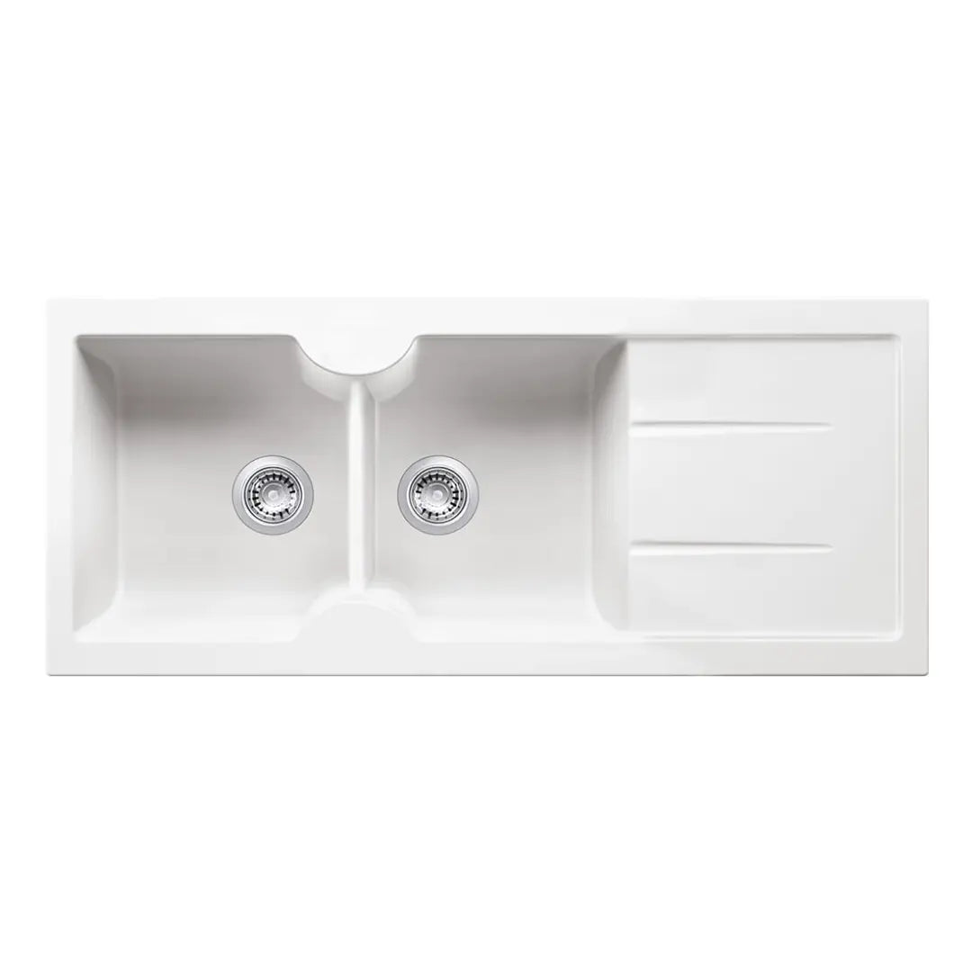 Cuisine 116 x 50 Inset / Undermount Fine Fireclay Gloss White Sink - Double Bowl and Single Drainer Turner Hastings