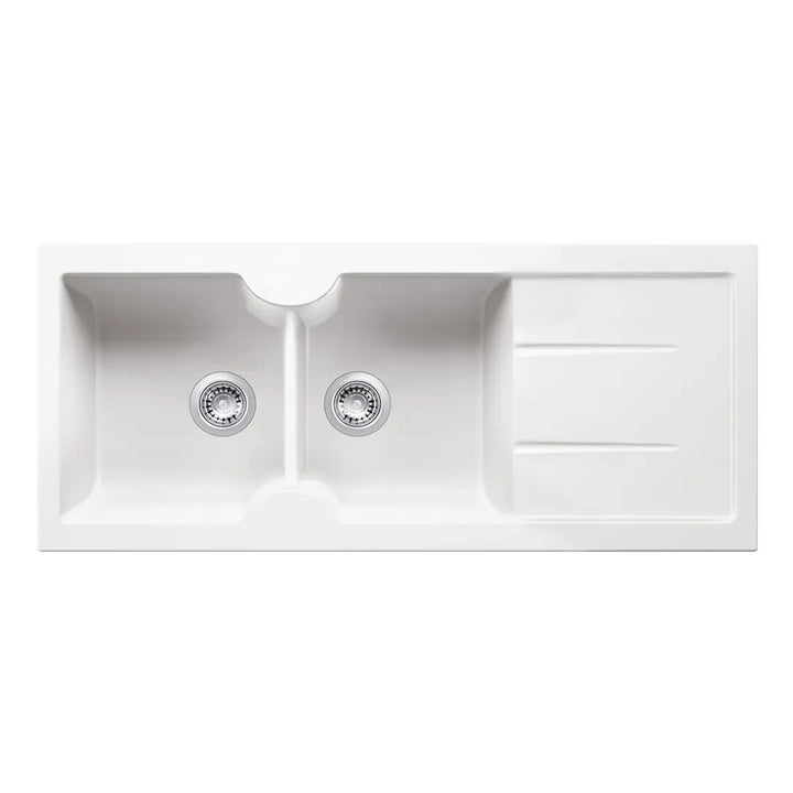 Cuisine 116 x 50 Inset / Undermount Fine Fireclay Gloss White Sink - Double Bowl and Single Drainer Turner Hastings