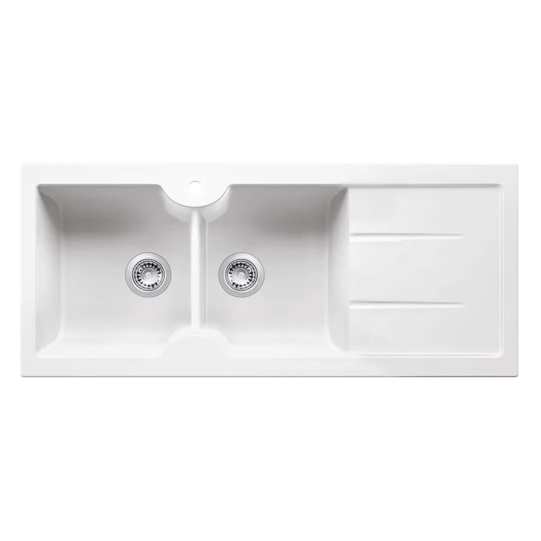 Cuisine 116 x 50 Inset / Undermount Fine Fireclay Gloss White Sink - Double Bowl and Single Drainer Turner Hastings
