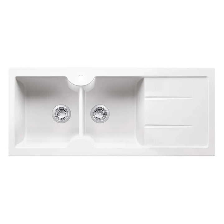 Cuisine 116 x 50 Inset / Undermount Fine Fireclay Gloss White Sink - Double Bowl and Single Drainer Turner Hastings