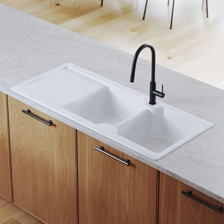 Cuisine 116 x 50 Inset / Undermount Fine Fireclay Gloss White Sink - Double Bowl and Single Drainer Turner Hastings
