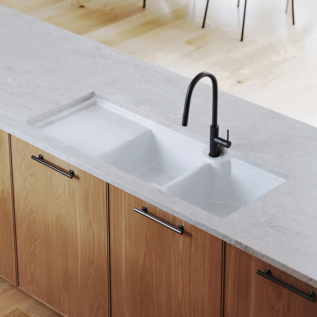 Cuisine 116 x 50 Inset / Undermount Fine Fireclay Gloss White Sink - Double Bowl and Single Drainer Turner Hastings