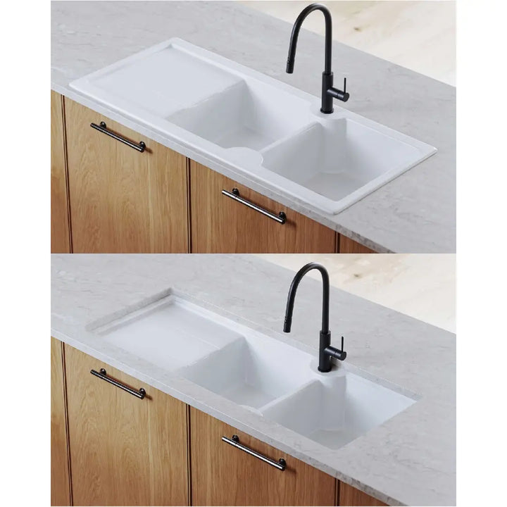 Cuisine 116 x 50 Inset / Undermount Fine Fireclay Gloss White Sink - Double Bowl and Single Drainer Turner Hastings