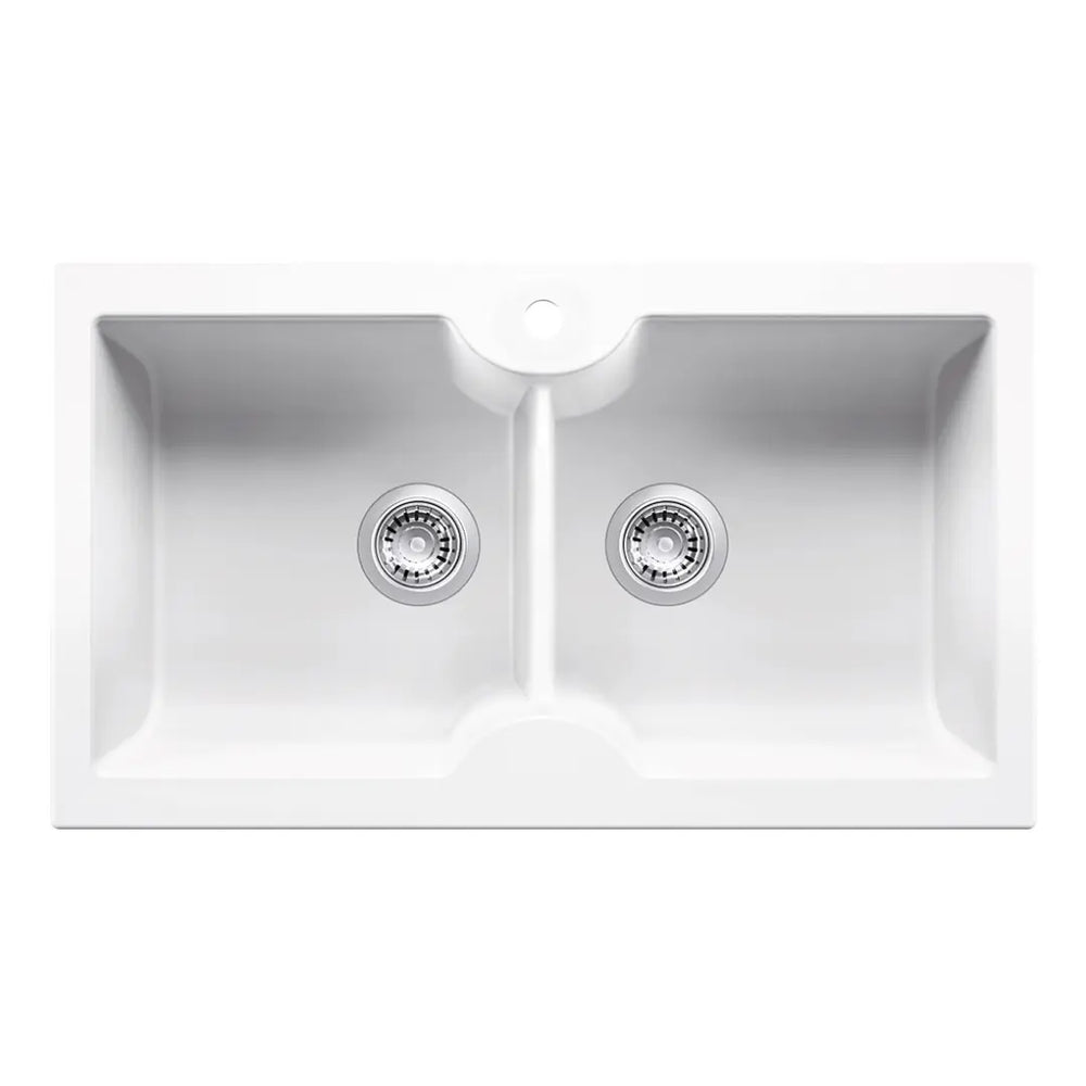 Cuisine 86 x 50 Inset / Undermount Fine Fireclay Gloss White Sink - Double Bowl with Taphole Turner Hastings