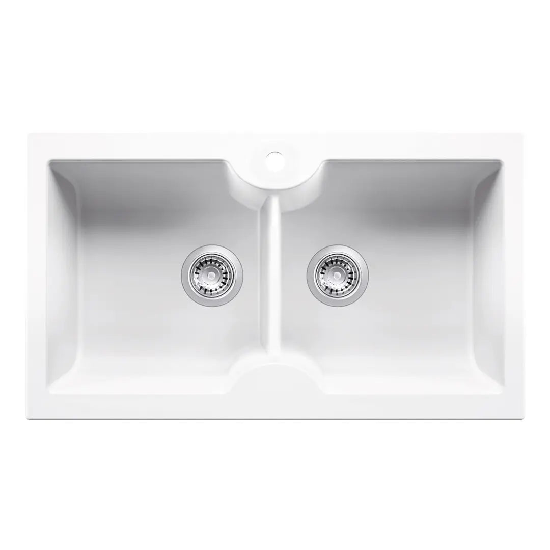 Cuisine 86 x 50 Inset / Undermount Fine Fireclay Gloss White Sink - Double Bowl with Taphole Turner Hastings