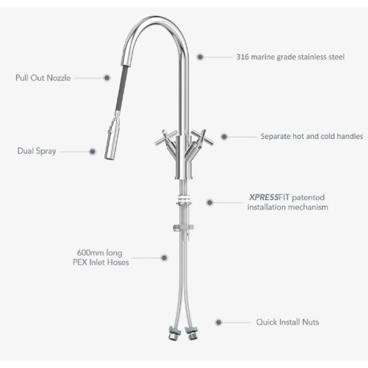 XSSENCE Alfresco 316SS Twin Handle Sink Mixer with Pull Out Spray XpressFit by Suprema