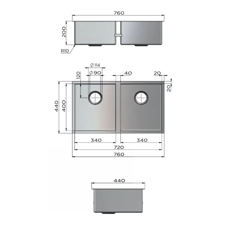 KITCHEN SINK - DOUBLE BOWL 760 X 440, Various finishes Meir