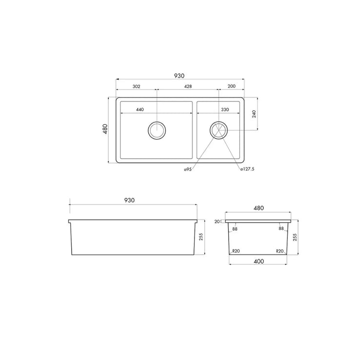 Cuisine 93 x 48 One and a Half Bowl Inset / Undermount Fine Fireclay Gloss White Sink Turner Hastings