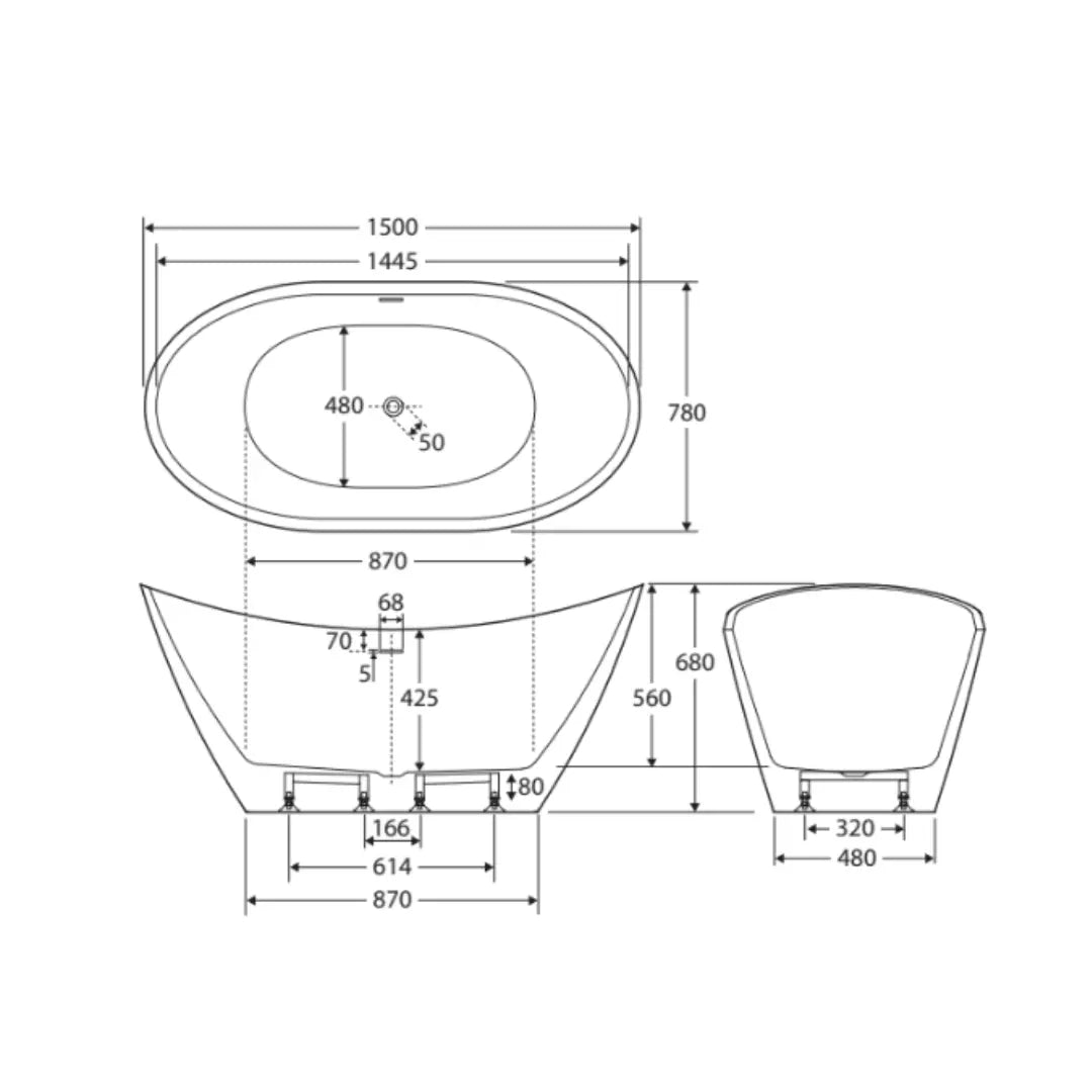 Paola Freestanding Acrylic Bath with Overflow, 1500mm Fienza