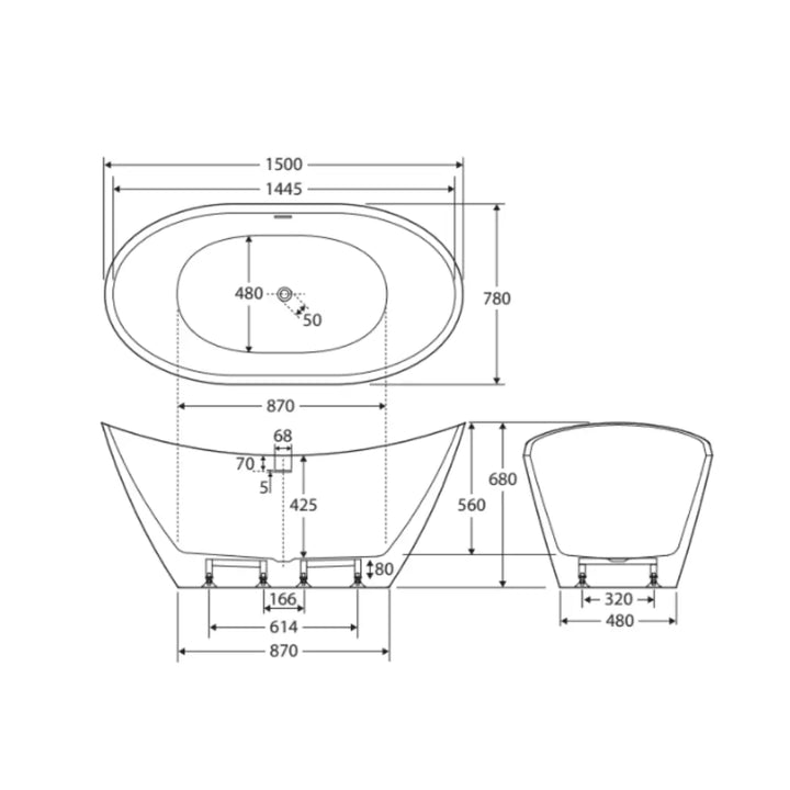 Paola Freestanding Acrylic Bath with Overflow, 1500mm Fienza