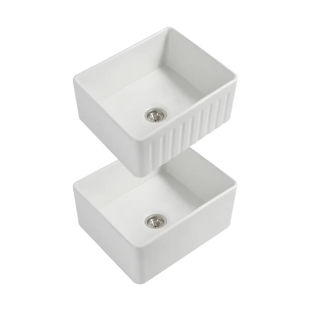 Cleo 610 Duo fluted/flat apron front ceramic sink - White Silk Matte or gloss white Seima