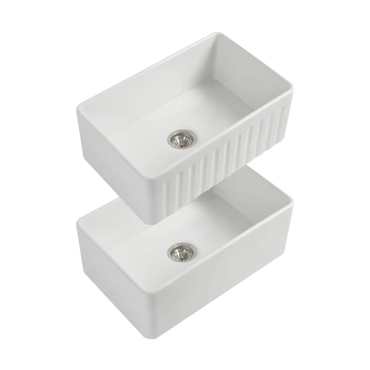 Cleo 760 Duo fluted/flat apron front ceramic sink - White Silk Matte or gloss white Seima