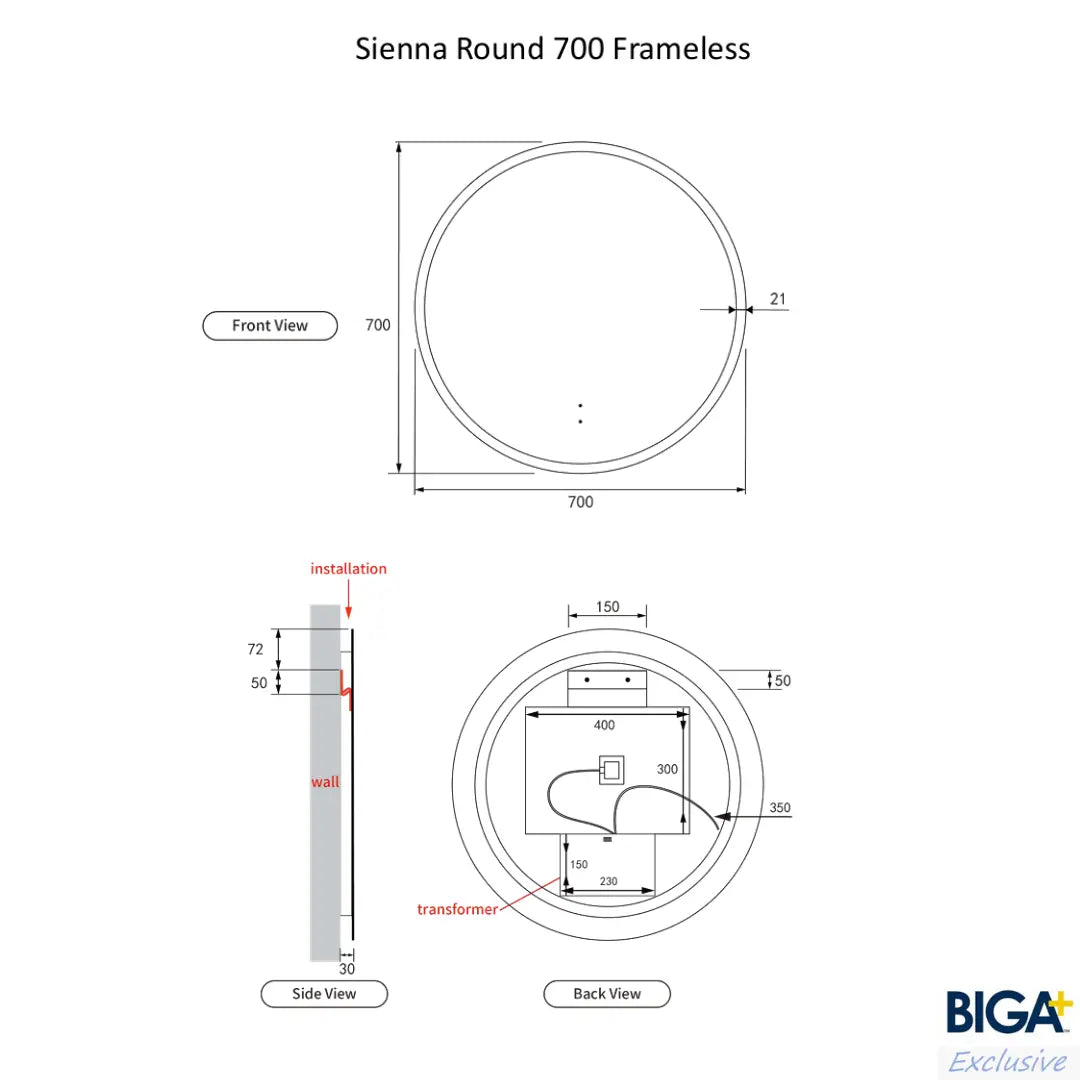 Sienna Round Touch-Free LED Mirror - 700 &amp; 900mm Alex Group Aus