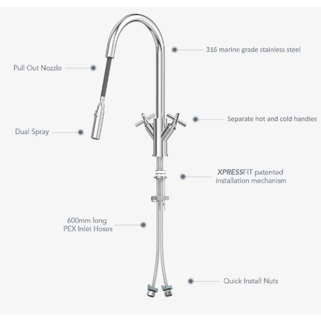 Xquisite Alfresco 316SS Twin Handle Sink Mixer with Pull Out Spray XpressFit by Suprema