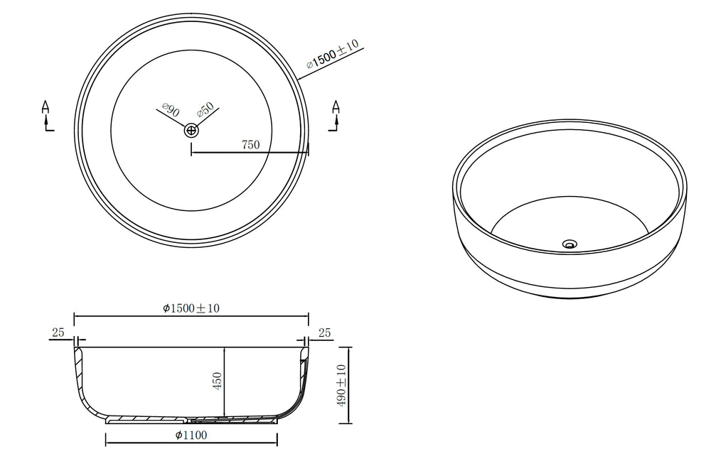 Aylin VX22 1500 Round Freestanding Stone Bath Kaskade Stone