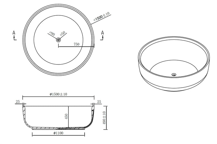 Aylin VX22 1500 Round Freestanding Stone Bath Kaskade Stone