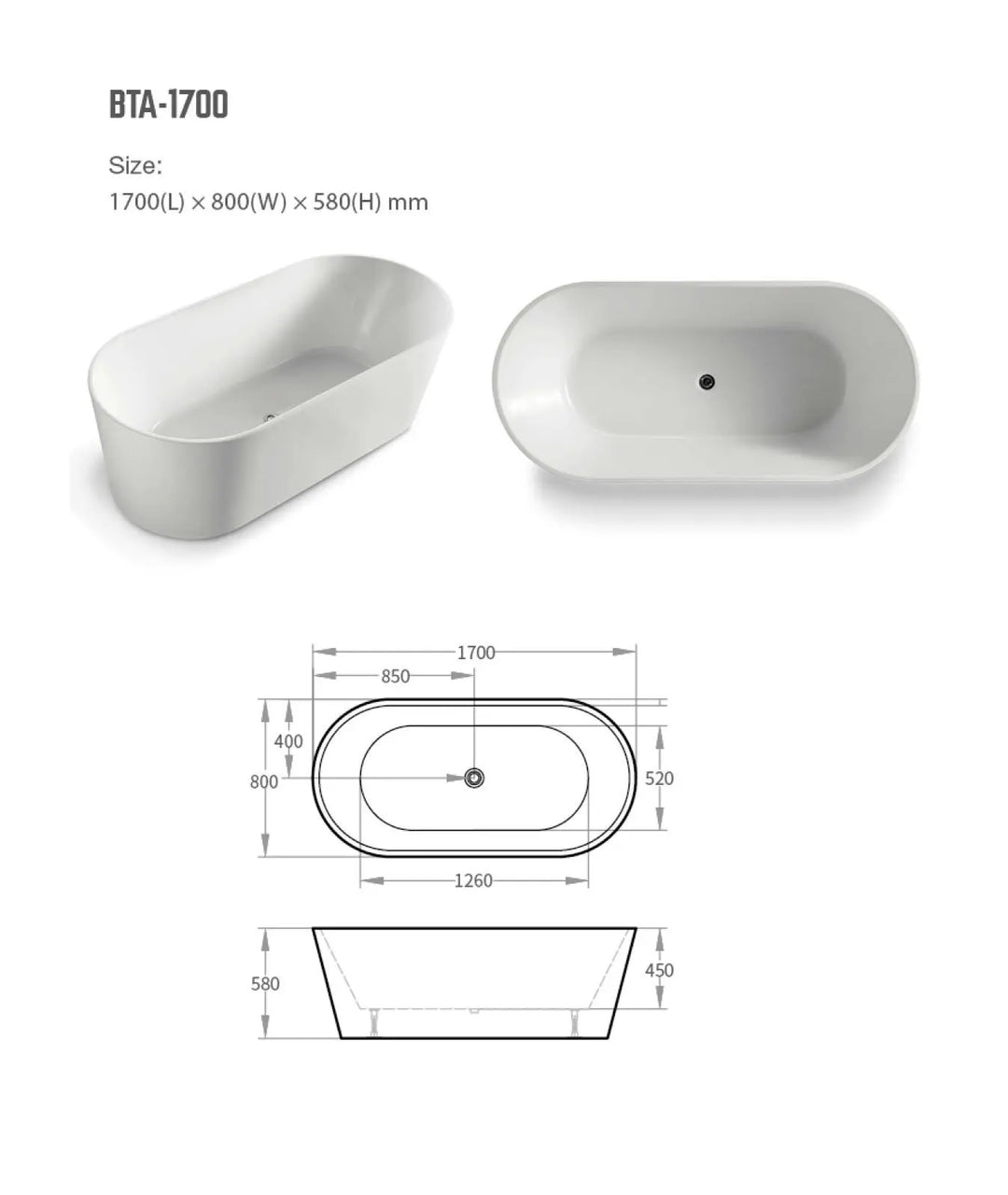Prato Freestanding acrylic bath 1400, 1500, 1700mm BNK